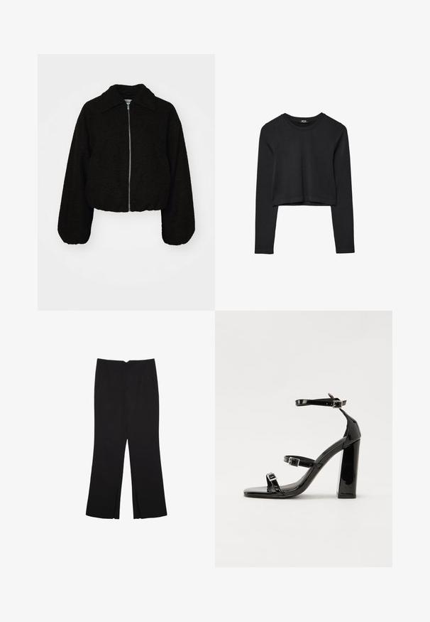 Svart kort jacka i ett mjukt, texturerat tyg. Har en krage och långa, något puffade ärmar med en frontdragkedjestängning.; Svart långärmad croppad topp med rund halsringning, enkel design och en något rundad nederkant.; Svarta byxor med rak passform, utrustade med framfickor och sidoklyvningar vid fållen. Tillverkade av mjukt, slätt tyg. Lämpliga för olika tillfällen.; Svarta lackerade högklackade sandaler med två spännband, fyrkantig tå och en tjock klack, med en slät och glansig yta.