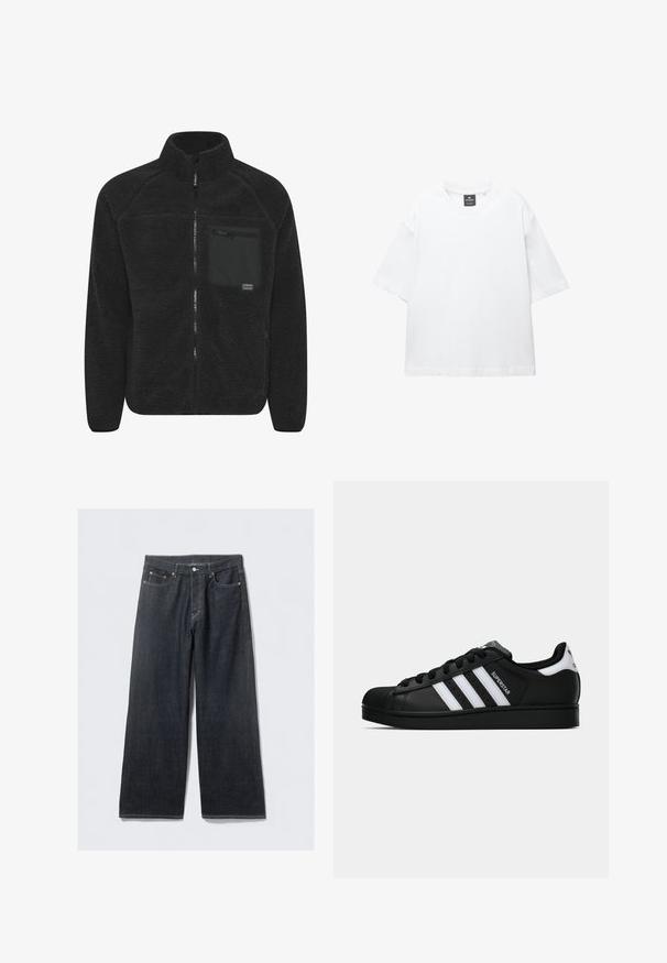 Zwarte fleece jas met een hoge kraag. Voorkant met ritssluiting en een borstzak met een rits. Zacht, gestructureerd materiaal.; Witte t-shirt met korte mouwen van katoen, met een ronde hals en een relaxte fit met rechte zoom. Geen patronen of versieringen.; Donkerdenim wijd uitlopende jeans met een hoge taille, voorzien van koperkleurige klinknagels en contraststiksels, een gladde textuur en geen zichtbare patronen.; Zwarte Adidas Superstar sneaker met witte strepen, schelpneus en 'Superstar' tekst aan de zijkant, afgebeeld in zijaanzicht op een witte achtergrond.