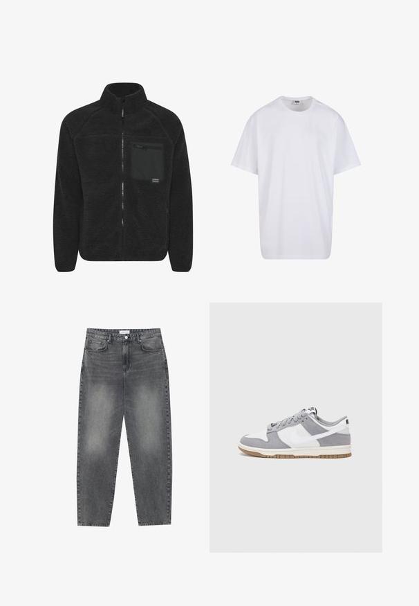 Svart fleecejakke med høy krage. Fronten har glidelås og en brystlomme med glidelås. Mykt, teksturert materiale.; Hvit bomull t-skjorte med korte ermer, rund utringning, avslappet passform, og ingen synlige logoer eller mønstre. Glatt tekstur og minimalistisk design.; Høyt liv, løstsittende jeans i falmet svart denim. Har fem lommer, beltehemper og et rent, rett ben-design.; Nike joggesko har en overdel av grå semsket skinn og hvitt lær med perforeringer, runde lisser og en gummisåle for grep.