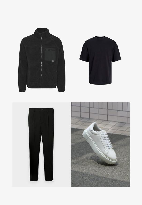 Must mustkunst, millel on kõrge krae. Ees on tõmbluku sulgemine ja rindade all on tõmblukuga tasku. Pehme, tekstuuriga materjal.; Must must on mustre, lühikeste varrukatega ja vabalt langev. Sile tekstuur ja ilma nähtavate mustrite või aktsentideta.; Mustad kohandatud pükste sirge säärega, lame ees, kahe voldiga, nööbiga kinnitamine ja küljetaskud. Valmistatud sileda materjali. ; Valge nahkline sneka, millel on sile pind, ümar varvas ja lame valge pael. Omab tekstuuriga kummist talla ja minimaalset kujunduselementi.