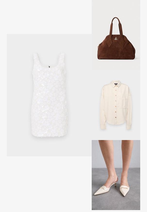 Krémová dlhá rukávová košeľa s gombíkovým zapínaním, golierom, voľným strihom, jedným vreckom na hrudi a jemnou textúrou. Bronzové gombíky ako akcent.; Biele kvetinové šaty z flitrovanej látky, s okrúhlym výstrihom a bez rukávov. Krátka dĺžka s diskrétnym zipsom na zadnej strane.; Krémové slingback lodičky s špičatou špičkou a štíhlym stredným podpätkom, s akcentom zlatého reťazca na priehlavku a hladkou koženou textúrou.; Hnedá semišová kabelka so štruktúrovaným tvarom, zaobleným telom a predĺženými rukoväťami v tvare diamantov. Obsahuje uzatváranie so striebornou hardvérovou sponou.