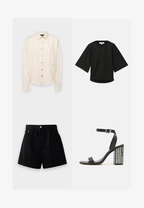 Kremowa koszula z długim rękawem, zapinana na guziki z przodu, z kołnierzykiem, luźny fason, pojedyncza kieszeń na piersi i subtelna tekstura. Akcenty w kolorze brązowym przy guzikach.; Czarna koszulka z krótkim rękawem, wykonana z miękkiej bawełny, z okrągłym dekoltem i luźnym krojem, z subtelnym marszczeniem po boku.; Czarne szorty dżinsowe o prostym kroju, z zapięciem na guzik, dwoma przednimi kieszeniami i miękkim, teksturowanym materiałem.; Czarne skórzane sandały na obcasie z paskiem na kostkę. Charakteryzują się kwadratowym noskiem, gładką teksturą oraz kwadratowym słupkiem ozdobionym srebrnymi ćwiekami.