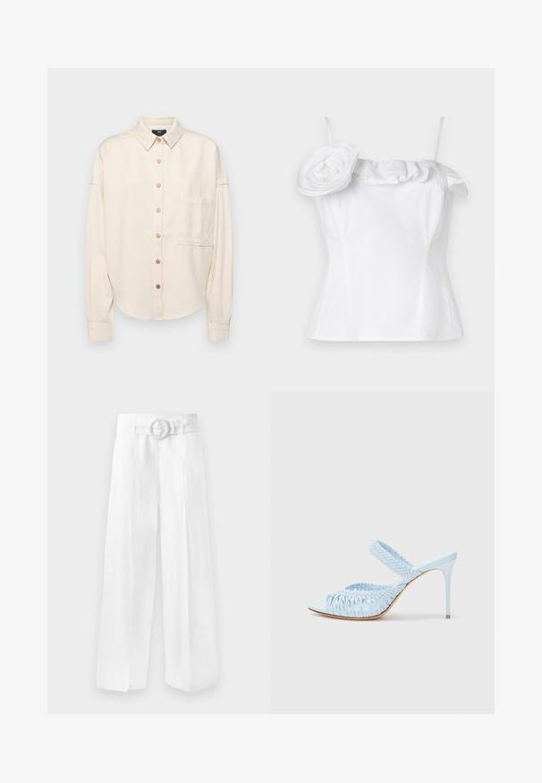 Cremefarvet langærmet skjorte, knaplukning foran, krave, løs pasform, enkelt brystlomme og subtil struktur. Bronze knapdetaljer.; Hvid ærmeløs top med en flæsekrave og en stor, dekorativ blomst på den ene side; glat tekstur, tætsiddende design.; Bredde hvide linnedbukser med en bæltestrop og en cirkulær spænde. Glat tekstur med løs pasform, ingen synlige mønstre.; Lyseblå højhælede sandaler med et vævet overdel, åben tå og en bred rem over foden. Glat tekstur, slank stiletto-heel.