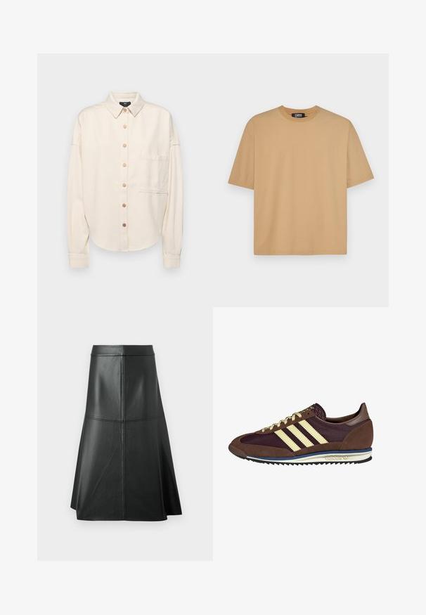 Cremefarvet langærmet skjorte, knaplukning foran, krave, løs pasform, enkelt brystlomme og subtil struktur. Bronze knapdetaljer.; Beige bomulds T-shirt med rund halsudskæring, korte ærmer og en afslappet pasform. Glat tekstur med stikninger langs kanten og ærmerne.; Sort læder A-linje nederdel, glat tekstur, midt på læggen, med vandret syninger ved taljen og sømmene for ekstra struktur.; Brune og bordeaux sneakers lavet af ruskind og mesh-materialer, med tre cremefarvede striber, tekstureret stof på tungen, og en gummisål.