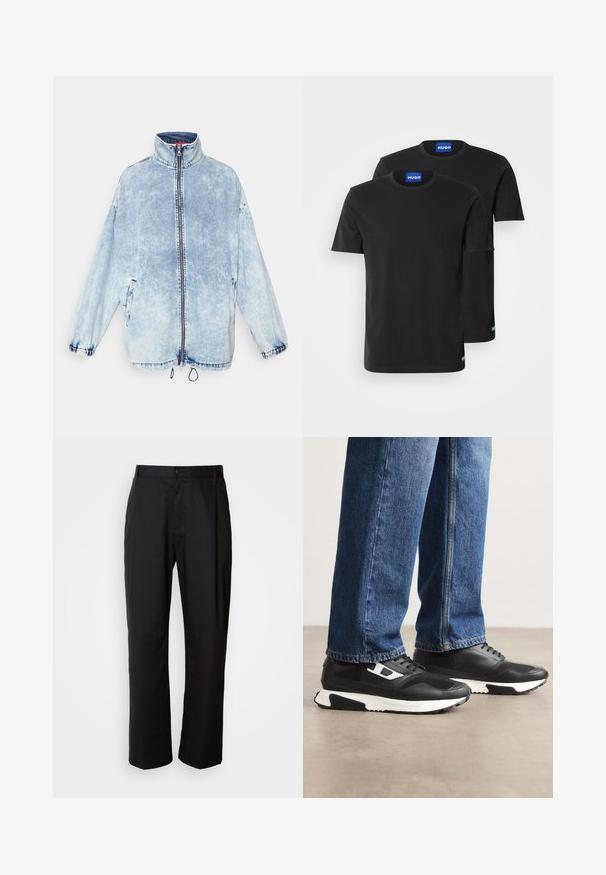 Giacca di jeans azzurro chiaro con colletto alto, zip frontale, tasche laterali e polsini elasticizzati. Presenta un effetto lavato e orlo con coulisse.; Due magliette di cotone nere con scollatura rotonda, maniche corte e etichette blu "HUGO" sui colli e sui bordi laterali.; Pantaloni neri con taglio dritto, realizzati in tessuto leggero. Presentano una chiusura frontale con bottone e due tasche laterali; texture liscia.; Scarpe sportive nere con tomaia in pelle testurizzata e mesh, caratterizzate da una suola intermedia bianca e accenti laterali. Indossate con jeans in denim blu.