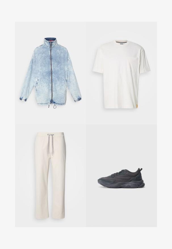 Light blue denim jacket with a high collar, front zipper, side pockets, and elastic cuffs. Features a faded wash and drawstring hem.; White cotton t-shirt with a round neck, short sleeves, and a left chest pocket. Features a small logo tag on the side seam.; Cream-colored casual pants with a drawstring waist and straight legs, displayed against a plain white background.; Black athletic shoes with a mesh and synthetic upper, featuring a rounded toe, textured sole, and prominent brand logo on the heel.