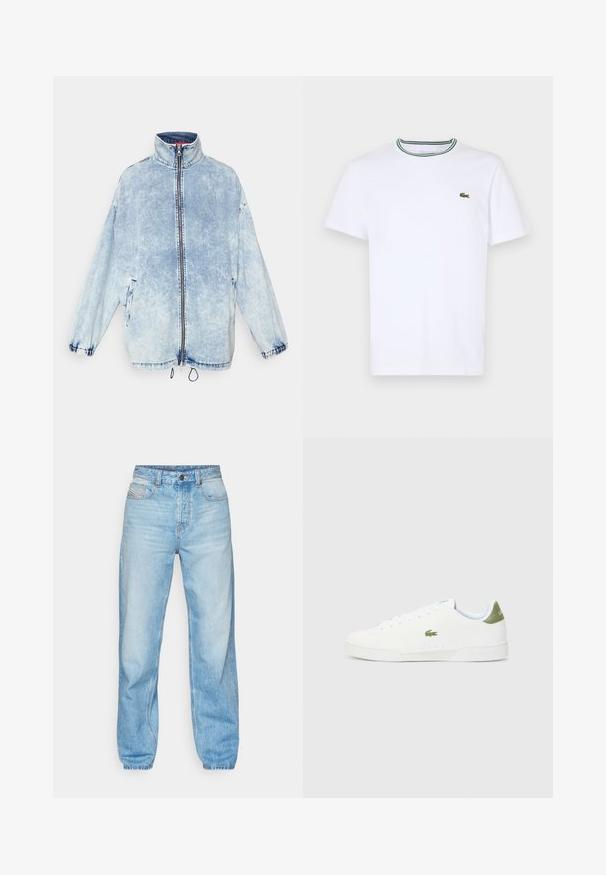 Jachetă din denim de un albastru deschis, cu guler înalt, fermoar frontal, buzunare laterale și manșete elastice. Are un aspect decolorat și tiv cu șnur.; Tricou alb din bumbac cu mânecă scurtă, cu guler ribbed, având dungi verzi și negre; mic logo brodat verde pe partea stângă a pieptului.; Blugi de culoare albastru deschis din denim, cu croială dreaptă, design cu cinci buzunare și o deschidere cu buton vizibil cu cusături contrastante.; Adidași albi cu o textură fină, având un accent verde la călcâi și un mic logo brodat al unui crocodil pe lateral.