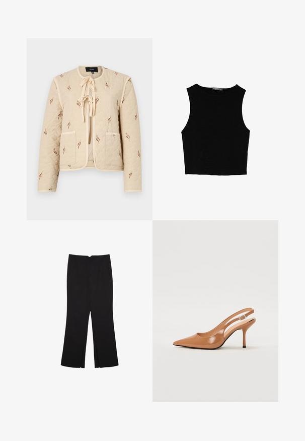 Giacca beige trapuntata con chiusura a cravatta e tasche frontali, caratterizzata da delicati ricami di foglie marroni sul tessuto. Accentuata da rifiniture crema.; Top corto senza maniche nero realizzato in tessuto liscio, con scollatura rotonda e un design pulito e semplice, privo di pattern o accessori.; Pantaloni neri a gamba dritta, con tasche frontali e spacchi laterali all'orlo. Realizzati in tessuto morbido e liscio. Adatti a diverse occasioni.; Tacco slingback a punta affusolata in un materiale tan liscio e lucido. Presenta un design con ritaglio curvo e un sottile tacco a stiletto. Dettaglio con fibbia argentata.