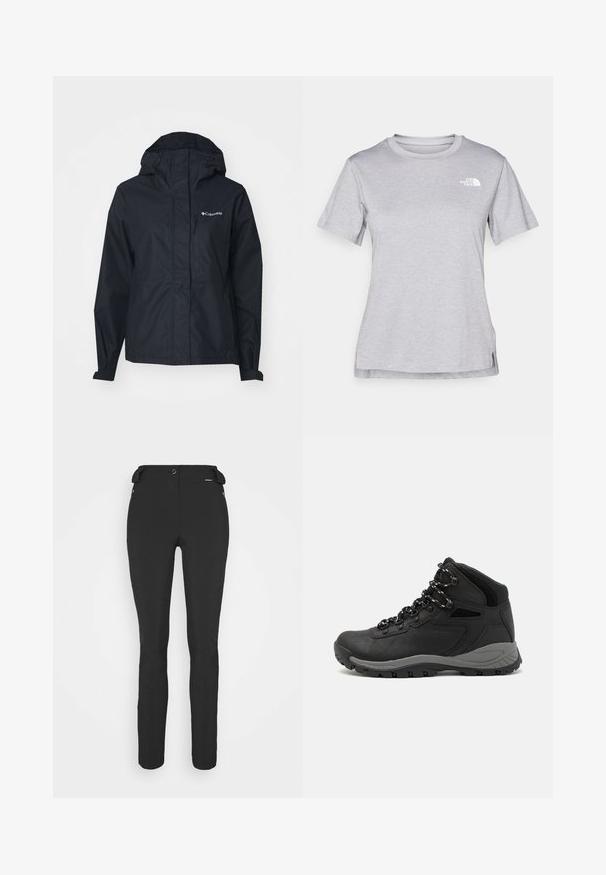 Sort regnjakke lavet af vandtæt materiale med hætte, frontlynlås og en brystlomme. Har et logo på øverste venstre side.; Grå kortærmet T-shirt lavet af blødt, fugttransporterende materiale. Har en rund hals og et lille hvidt logo øverst til venstre.; Sorte, tætsiddende bukser lavet af et fleksibelt materiale. Funktioner inkluderer en lynlåslomme i siden, artikulerede knæ og en glat tekstur.; Sort vandrestøvle med en mellem-højde design, der har en tekstureret overdel, grå detaljer og en holdbar gummisål med skridsikre klodser.