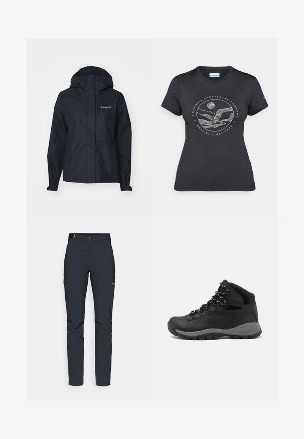 Svart regnjakke laget av vanntett materiale med hette, frontglidelås og en brystlomme. Har logo på øvre venstre side.; Svart Columbia t-skjorte med hvit sirkulær fjell- og elvlinjekunst og tekst "Columbia Sportswear Company Outside Since 1938."; Herre utendørsbukser, mørkegrå, laget av fleksibelt materiale, med belte, glidelåslommer og forsterkede sømmer.; Sorte turstøvler med mid-topp design, som har en teksturert overdel, grå detaljer og slitesterk gummisåle med godt grep.