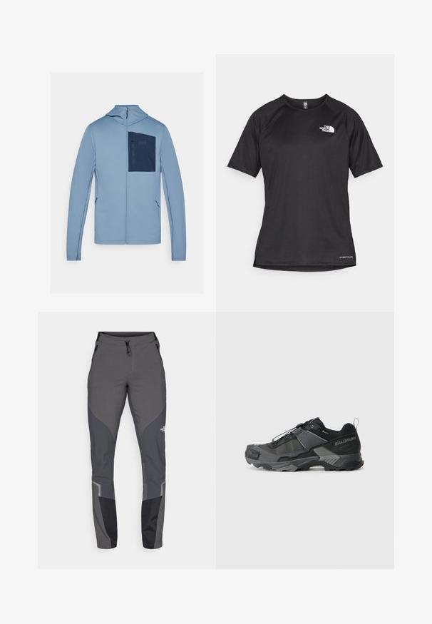 Šviesiai mėlyna zip-up striukė su tekstūruotu paviršiumi, turinti tamsiai mėlyną krūtinės kišenę ir subtilius logotipus. Ji turi ilgus rankovės ir gobtuvą.; Juoda trumpa rankovė atletinė marškinė, pagaminta iš tekstūruotos medžiagos, su baltu logotipu kairėje krūtinės pusėje ir tiesiu apdailos kraštu.; Pilkos žygio kelnės, su siaurėjančiu dizainu, keliais kišenėmis ir kontrastingomis tamsiai pilkomis ir juodomis detalėmis. Pagamintos iš elastingos, tvirtos medžiagos.; Juodas bėgimo trail avalynė su patvariu tinkleliu, sustiprinta pado dalimi, tekstūruotu gumuotu padu ir elastingu raištelių sistema, užtikrinančia tvirtą prigludimą.