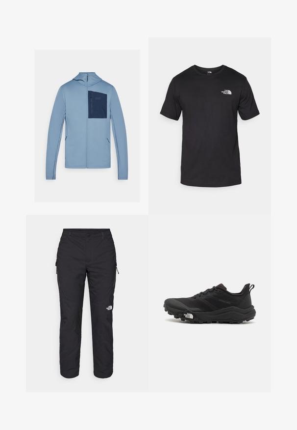 Ανοικτό μπλε φούτερ με φερμουάρ και υφή, διαθέτοντας ναυτική τσέπη στο στήθος και διακριτικά λογότυπα. Έχει μακριά μανίκια και κουκούλα.; Μαύρη κοντομάνικη μπλούζα φτιαγμένη από βαμβάκι, με στρογγυλή λαιμόκοψη και μικρό λευκό λογότυπο στην άνω αριστερή περιοχή του στήθους.; The North Face WINTER EXPLORATION TAPERED CARGO - Παντελόνι εξωτερικού χώρου - black; Μαύρο αθλητικό παπούτσι τρεξίματος με υφασμάτινο άνω μέρος, καουτσούκ σόλα και ενισχυμένη μύτη. Διαθέτει επενδεδυμένο κολάρο και θηλιά στα πίσω για εύκολη φορεσιά.