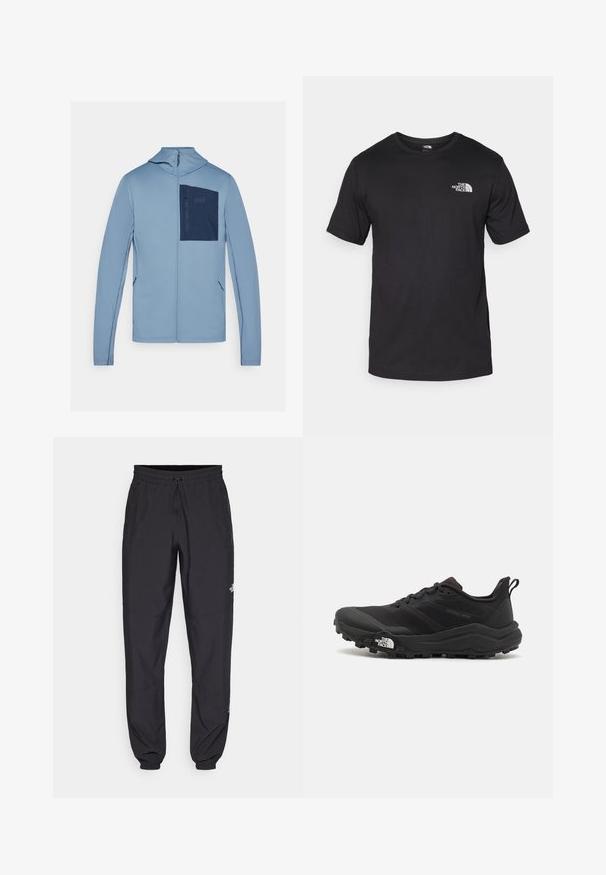 Világoskék, cipzáras dzseki texturált felülettel, tengerészkék mellzsebbel és diszkrét logókkal. Hosszú ujjai és kapucnija van.; Fekete rövidujjú pamut póló, kerek nyakkivágással, a bal felső mellkason egy kis fehér logóval.; Fekete sportnadrág, könnyű anyagból készült, húzózsinóros derékkal, oldalsó zsebekkel és szűkített szárakkal a bokáknál.; Fekete terepfutó cipő, textúrált felső résszel, gumitalppal és megerősített lábujjrészével. Párnázott bokarésszel és húzófüllel rendelkezik a könnyű felhúzáshoz.