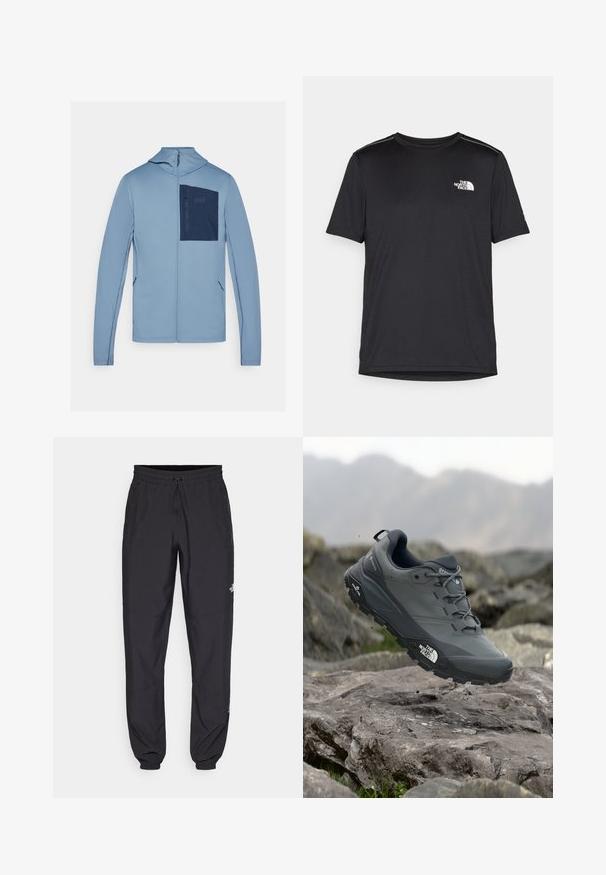 Jachetă zip-up de culoare albastru deschis, cu un finisaj texturat, având o buzunar pe piept de culoare bleumarin și logo-uri subtile. Dispune de mâneci lungi și glugă.; Tricou negru cu mânecă scurtă, realizat dintr-un material ușor. Prezintă un mic logo alb pe pieptul stâng și accente subtile pe umeri.; Pantaloni atletici negri, confecționați dintr-un material ușor, cu un tiv elastic la talie, buzunare laterale și tivuri ajustate la gleznă.; Pantof de alergare pe trasee gri, cu o partieră texturată, talpă din cauciuc durabil și vârf întărit. Dispune de șireturi și logo-ul brandului pe lateral.