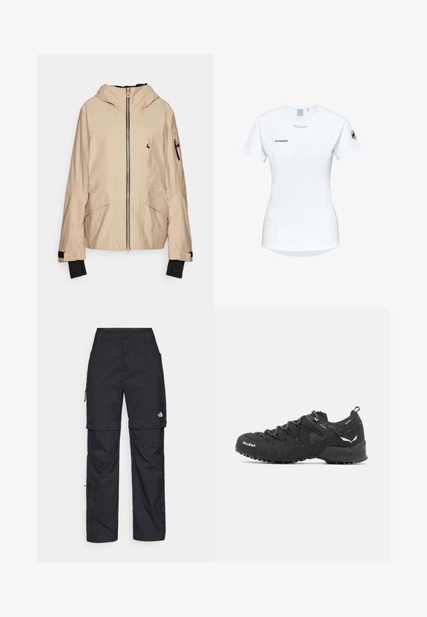 Beige Outdoor-Jacke mit Kapuze, Reißverschluss vorne, mehreren Taschen und schwarzen Ärmelabschlüssen. Hergestellt aus leichtem, strukturiertem Stoff.; Kurzärmliges weißes Sportshirt mit Rundhalsausschnitt, das ein Logo auf der Brust und eine glatte, leichte Stofftextur aufweist.; Schwarze Nylon-Zip-Off-Cargohosen mit verstellbaren Bündchen, mehreren Taschen und einem Logo am rechten Bein. Glatte, leichte Textur.; Schwarze Wanderschuhe mit einem strukturierten Obermaterial aus Stoff, Schnürsystem und robuster Gummisohle. Akzentuiert mit reflektierenden Details und Logos.
