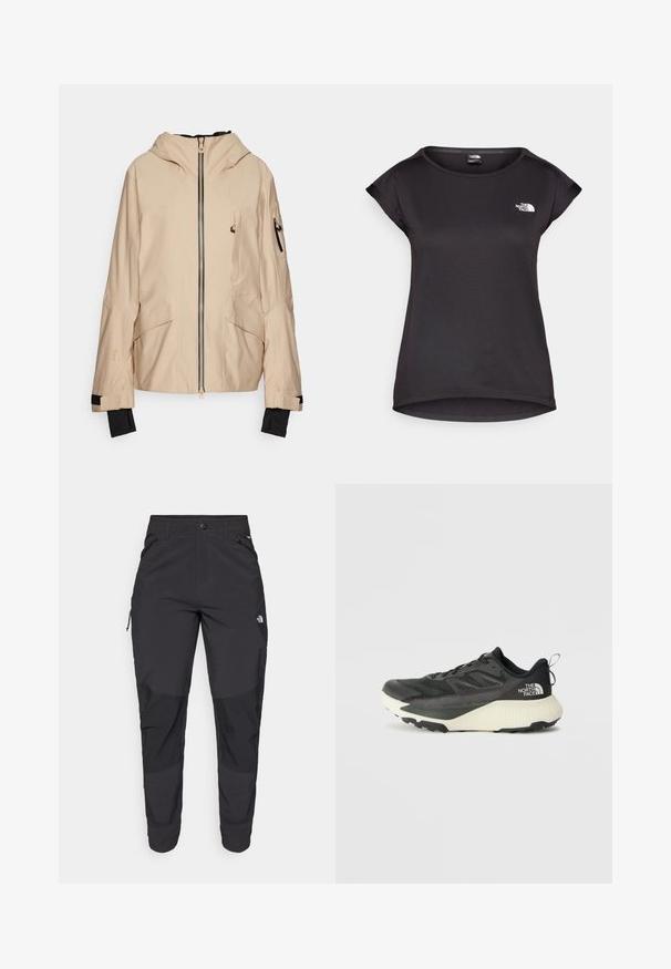 Beige ulkoilutakki, jossa on huppu, vetoketjukiinnitys, useita taskuja ja mustat hihansuut. Valmistettu kevyestä, teksturoidusta kankaasta.; The North Face TANKEN TANK - Tekninen t-paita - black; Mustat ulkona käytettävät housut, jotka on valmistettu kestävästä kankaasta. Ominaisuuksiin kuuluvat vetoketjulliset taskut, vahvistetut polvilevyt ja suora leikkaus, joka mahdollistaa liikkuvuuden.; Musta urheilukengä, jossa on teksturoitu päällinen, harmaita yksityiskohtia ja valkoinen välipohja. Sisältää vetotagin ja näkyvän tuotemerkin logon kantapäässä.