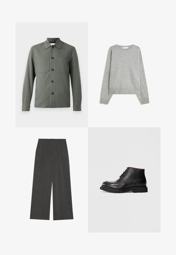 Mörkgrön jacka med viklappad krage, knappframsidan och två bröstfickor. Slät tyg med en skräddarsydd passform. Knapparna är bruna.; Grå stickad tröja med rund halsringning, ribbade ärmslut och nederkant, med en avslappnad passform och mjuk textur.; Breda byxor i mörkgrått tyg, med plisserad framdel, två sidofickor och en slät midja. Slät textur och skräddarsydd design.; Svart läderankelboot med snörning, rund tå och tjock gummisula mot en helt vit bakgrund.