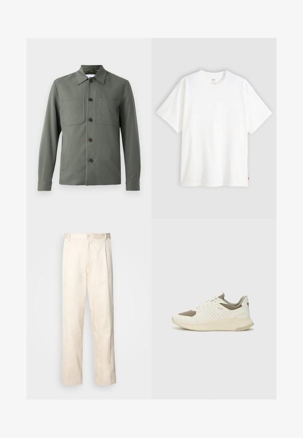 Tamsiai žalia striukė su užlenktu apykakle, mygtukų uždarymu priekyje ir dviem krūtinės kišenėmis. Lygus audinys su pritaikytu siluetu. Mygtukai rudi.; Baltas trumpas rankovės marškinėlis, pagamintas iš medvilnės, su apvalia iškirpte. Priekyje yra subtilus iškilus logotipas ir raudonas etiketas ant apačios.; Bežinės medvilninės kelnės su tiesiu kirpimu, turinčios mygtuko uždarymą ir priekyje raukšles papildomai dekoratyviam akcentui.; Baltas ir šviesiai bežinis sportinis kedas, su tinklo viršumi, perforuotais detalėmis ir tekstūruotu tarpine su logotipu ant kulno.