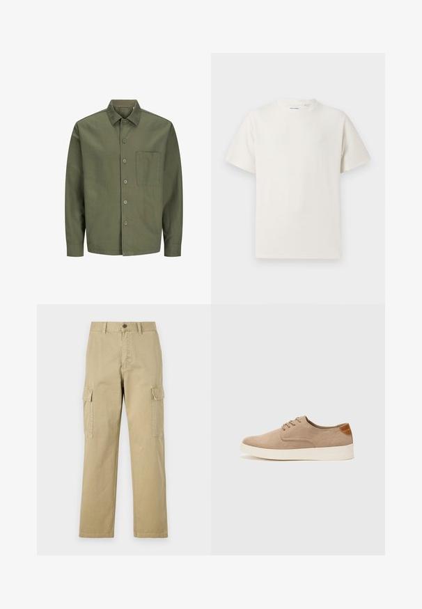 Camisa de botón color verde oliva hecha de algodón, con cuello, bolsillo frontal y mangas largas con puños abotonados.; Camiseta blanca de manga corta en textura acanalada. Cuello redondo, corte relajado, sin patrones ni acentos visibles. Diseño simple y versátil.; Pantalones cargo beige de algodón, con dos bolsillos laterales, cierre de botón y perneras rectas con una tela ligeramente texturizada.; Zapatillas de ante beige con puntera redondeada, cordones en la parte delantera y un acento texturizado en la parte trasera. La suela de goma blanca proporciona contraste. Diseño sencillo y moderno.