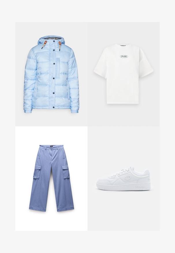Light blue puffer jacket, featuring a front zipper, snap buttons, elastic cuffs, and a chest pocket with a sleek design and vibrant texture.; White short-sleeve t-shirt made of cotton, featuring a graphic logo in green within an oval shape at the center of the chest.; Light blue cargo pants made of a smooth fabric. Features dual side pockets, a relaxed fit, and straight-leg design with stitched detailing.; White sneaker made of smooth synthetic material, featuring round toe, flat sole, and subtle logo accents on the sides. Classic low-top design.