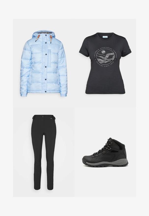 Világoskék puffermellény, elöl cipzárral, patentgombokkal, elasztikus mandzsettákkal és egy tetszetős dizájnnal rendelkező mellkasi zsebbel, élénk textúrával.; Fekete Columbia póló fehér, kör alakú hegy és folyó vonalrajzzal, valamint a "Columbia Sportswear Company Outside Since 1938" felirattal.; Fekete, testhezálló nadrág rugalmas anyagból. Jellemzők: cipzáras oldalzseb, artikulált térdek és sima felület.; Fekete túracipő közepes magasságú kialakítással, texturált felsőrésszel, szürke részletekkel és strapabíró gumitalppal, amelynek tapadós kiemelkedései vannak.