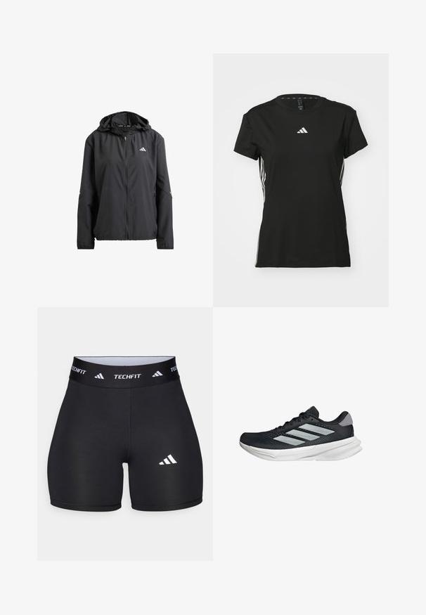 Veste légère noire avec capuche, fermeture éclair intégrale et deux poches latérales. Présente un logo réfléchissant sur la poitrine et des accents discrets sur les manches.; T-shirt de sport noir à manches courtes, fabriqué en matériau synthétique. Présente un petit logo blanc sur la poitrine et des rayures blanches sur les côtés.; Shorts noirs en tissu extensible avec un design ajusté. Dotés d'une large ceinture noire portant l'étiquette "TECHFIT" et d'un logo blanc sur la jambe.; Baskets de course noires avec tige en mesh, trois rayures argentées, semelle intermédiaire blanche et semelle extérieure texturée. Comprend un col rembourré et un système de laçage.