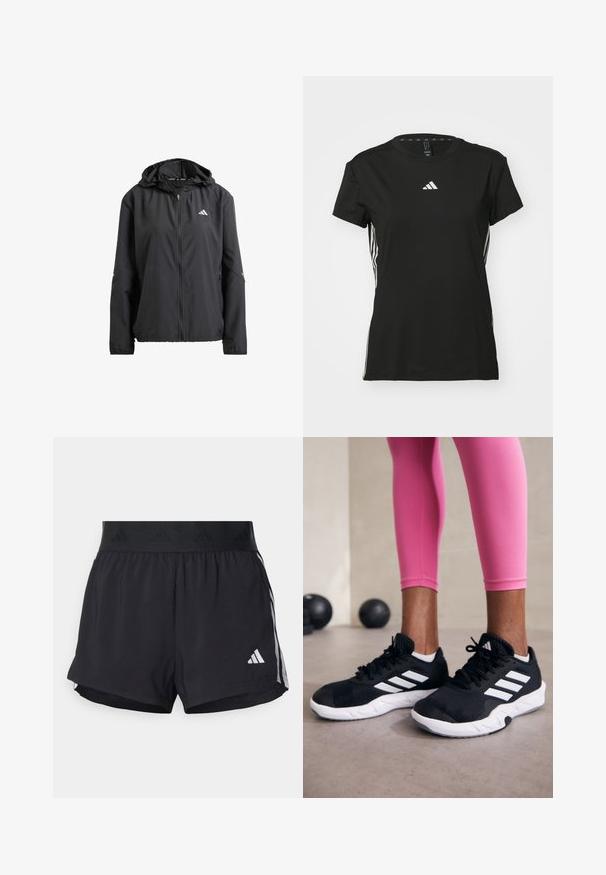 Schwarze leichte Jacke mit Kapuze, durchgehendem Reißverschluss und zwei Seitentaschen. Mit reflektierendem Logo auf der Brust und dezenten Akzenten an den Ärmeln.; Schwarzes Sport-T-Shirt mit kurzen Ärmeln, hergestellt aus synthetischem Material. Verfügt über ein kleines weißes Logo auf der Brust und weiße Streifen an den Seiten.; Schwarze Sportshorts mit einem elastischen Bund, ausgestattet mit einem strukturierten Band, seitlichen Streifen und einem weißen Adidas-Logo am unteren Saum.; Schwarze Sportschuhe mit weißen Streifen, strukturiertem Mesh-Obermaterial und einer weißen Sohle. Kombiniert mit pinken Leggings, die Trainingsbekleidung zur Schau stellen.