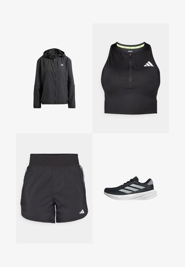 Czarna lekka kurtka z kapturem, pełnym zamkiem błyskawicznym i dwoma bocznymi kieszeniami. Posiada odblaskowe logo na klatce piersiowej oraz subtelne akcenty na rękawach.; Czarny sportowy top krótki z zamkiem z przodu, wykonany z gładkiego materiału. Posiada zieloną wewnętrzną linię dekoltu oraz białe logo po boku.; Czarne spodenki sportowe z elastycznym paskiem w talii, bocznymi kieszeniami oraz białymi akcentami wzdłuż boków. Wykonane z lekkiego materiału.; Czarny but biegowy z siateczkowym wierzchem, trzema srebrnymi paskami, białą podeszwą środkową i teksturowaną podeszwą zewnętrzną. Posiada wyściełany kołnierz i zapięcie na sznurówki.