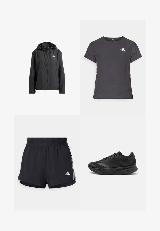 Černá lehká bunda s kapucí, plným zipem a dvěma bočními kapsami. Má reflexní logo na hrudi a nenápadné detaily na rukávech.; Kraťasový sportovní tričko, tmavě šedé barvy s perforovanou texturou. Obsahuje bílé logo a kontrastní boční pruhy. Kulatý výstřih.; Černé sportovní šortky s elastickým pasem, s texturovaným páskem, bočními pruhy a bílým logem Adidas na dolním lemu.; Černé běžecké boty s prodyšným síťovaným svrškem, kulatou špičkou, elegantním designem, texturovanými detaily a polstrovanou podrážkou pro pohodlí.