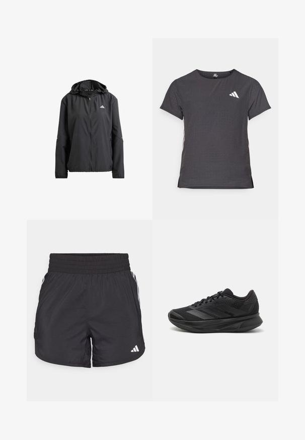 Czarna lekka kurtka z kapturem, pełnym zamkiem błyskawicznym i dwoma bocznymi kieszeniami. Posiada odblaskowe logo na klatce piersiowej oraz subtelne akcenty na rękawach.; Koszulka sportowa z krótkim rękawem, ciemnoszara z perforowaną teksturą. Posiada białe logo oraz kontrastowe paski po bokach. Okrągły dekolt.; Czarne spodenki sportowe z elastycznym paskiem w talii, bocznymi kieszeniami oraz białymi akcentami wzdłuż boków. Wykonane z lekkiego materiału.; Czarna sportowa buty do biegania z oddychającą siateczką, zaokrąglonym noskiem, eleganckim designem, teksturowanymi akcentami oraz amortyzowaną podeszwą dla wygody.