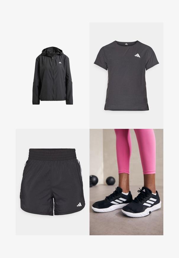 Black lightweight jacket with a hood, full zip, and two side pockets. Features reflective logo on chest and subtle accents on sleeves.; Short-sleeve athletic t-shirt, dark gray with perforated texture. Features a white logo and contrasting side stripes. Rounded neckline.; Black athletic shorts with an elastic waistband, side pockets, and white stripe accents on the sides. Made of lightweight material.; Black athletic shoes with white stripes, textured mesh upper, and a white sole. Worn with pink leggings, showcasing training apparel.