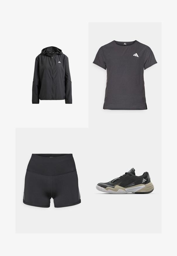 Must mustus jope kapuutsiga, täispikk tõmblukk ja kaks külge taskut. Omab peegeldavat logo rinna piirkonnas ja diskreetsed detailid varrukatel.; Lühikese varrukaga sportlik T-särk, tumehall, perforatsiooni tekstuuriga. Omab valget logo ja kontrastset külgtriipu. Ümar kaelus.; Mustad spordipüksid kõrgseeliku ja veniva kangaga. Omavad valgeid küljeribasid ja lamedaid õmblusi mugavuse tagamiseks.; Mustard ja beež spordijalats tekstuurse pealisega, silmapaistva tallakujundusega, peegeldava detailiga ja paeltesüsteemiga. Kerge konstruktsioon.