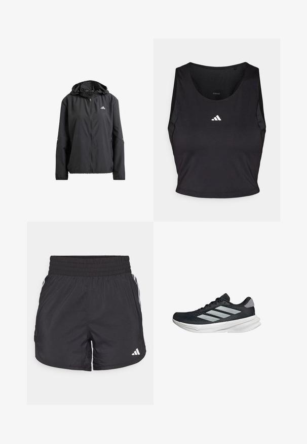 Giacca leggera nera con cappuccio, chiusura a zip completa e due tasche laterali. Presenta un logo riflettente sul petto e dettagli discreti sulle maniche.; Crop top sportivo nero realizzato in tessuto traspirante, con collo rotondo, senza maniche e logo bianco sul petto.; Pantaloni sportivi neri con elastico in vita, tasche laterali e strisce bianche ai lati. Realizzati in materiale leggero.; Scarpa da corsa nera con tomaia in mesh, tre strisce argentate, intersuola bianca e suola testurizzata. Presenta un colletto imbottito e chiusura con lacci.