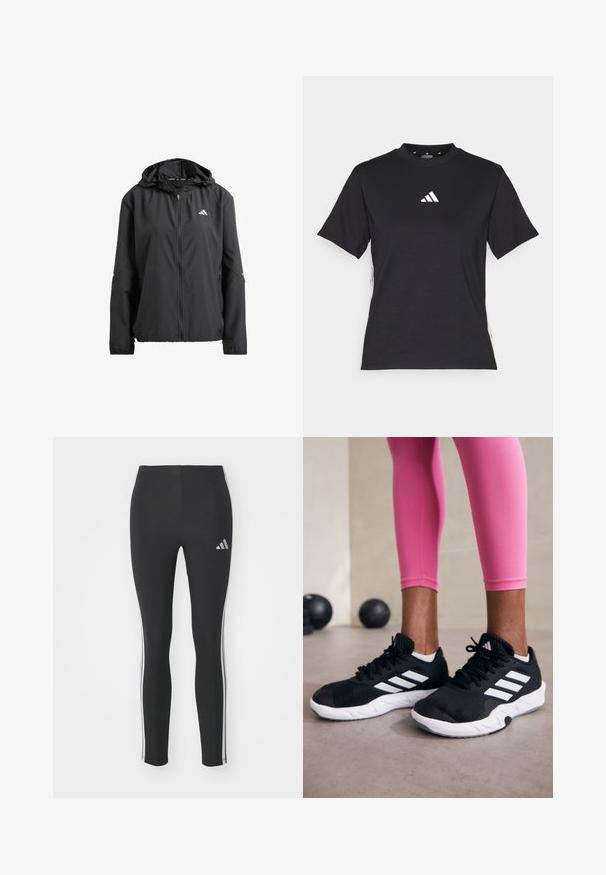 Veste légère noire avec capuche, fermeture éclair intégrale et deux poches latérales. Présente un logo réfléchissant sur la poitrine et des accents discrets sur les manches.; T-shirt noir à manches courtes en tissu doux. Il présente un logo Adidas blanc et des rayures blanches contrastantes sur les côtés.; Leggings noirs en tissu extensible avec des bandes latérales blanches et un petit logo réfléchissant en haut à gauche.; Baskets de sport noires avec des rayures blanches, tige en mesh texturé et semelle blanche. Portées avec des leggings roses, mettant en valeur des vêtements d'entraînement.