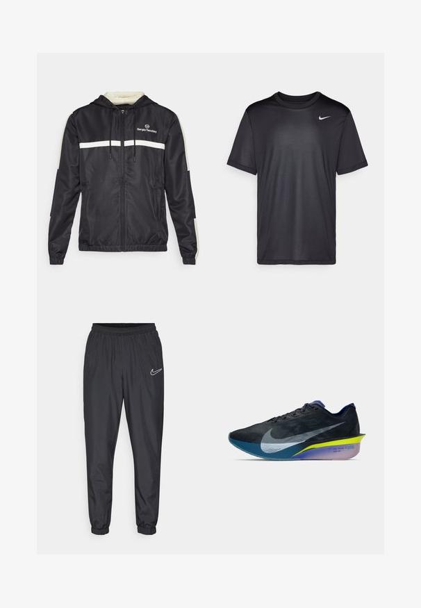 Černá větrovka s kapucí, zdobená bílými vodorovnými pruhy a logem. Vyrobena z lehké texturované látky s elastickými manžetami.; Černé sportovní tričko s krátkým rukávem, kulatým výstřihem, vyrobené z hladkého materiálu. Vyznačuje se malým bílým logem Nike na levém horním kusu.; Černé sportovní kalhoty Nike s elastickým pasem, zúženými nohavicemi a bílým logem poblíž levého boku. Vyrobené z lehkého, hladkého materiálu.; Černé a modré běžecké boty Nike s velkým bílým symbolem swoosh, žlutou a fialovou podešví a textem "ROAD RACING VF" na patě.