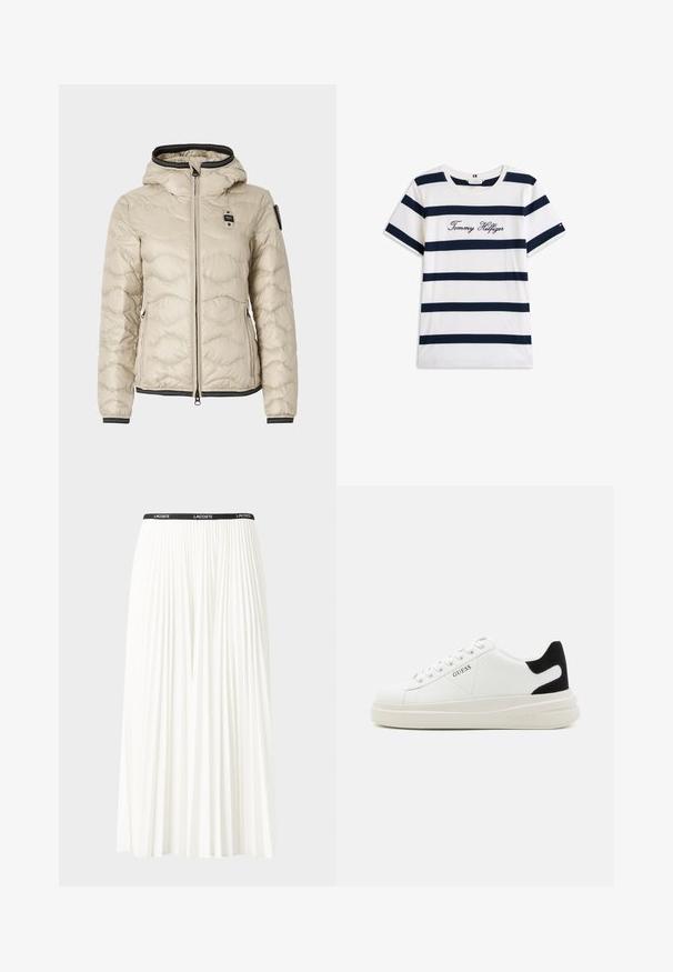 Beež voodriga jakik, millel on tõmblukk, tekstuuriga pind ja mustad aktsendid mansettidel ja alumises servas. Murdunud логотип rinna peal ja taskud.; Puuvillane T-särk horisontaalsete tumesiniste triipudega valgel taustal. Rinnal on kiri "Tommy Hilfiger" kantud kursiivis. Ümmargune kaelus.; Kurtitudega valge seelik musta elastse vööga, millel on "LACOSTE" logo. Keskmise pikkusega disain pehme tekstuuriga.; Valged nahast tennisetossud paksu valge tallaga, musta sametist kontsakeeuga ja külje peal riigilogo reljeefne kujundus. Lukkeskeem kuue silmaauguga.