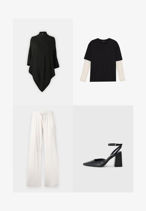 Fekete poncsó magas gallérral és fél cipzárral, puha anyagból készült. Ívelt szegéllyel és laza, bő szárú ujjal rendelkezik.; Fekete pamut póló, rövid ujjal, fehér hosszú ujjú réteg fölött, finom textúrával. Kerek nyakkivágású dizájn.; Világos bézs színű, puha anyagból készült melegítőnadrág, állítható derékkal, széles lábakkal és függőleges varratokkal, sima felülettel.; Fekete bőr, hegyes orrú magassarkú cipő boka pánttal és vastag sarokkal. Sima textúra, elegáns dizájn és minimális esztétika.
