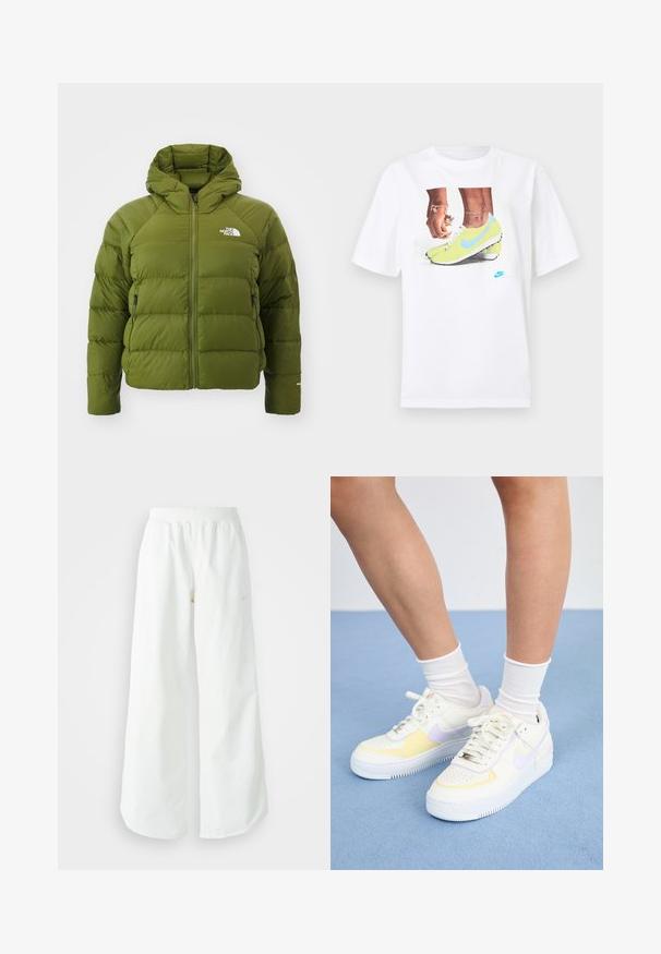 Zelena, izolirana puhovka s kapuco, zadrgo in dvema stranskima žepoma. Ima prešito teksturo in logo na prsih.; Bela bombažna majica s potiskom nog v rumenih Nike kopačkah z modrimi dodatki, dopolnjena z zapestnico na levi roki.; Bela športna hlače širokega kroja z rebrastim pasom in diskretno logotipno podrobnostjo. Gladek material z sproščenim krojem in zoženim robom.; Bele usnjene superge z rumenimi in sivimi poudarki, okrogla noska, ravne vezalke in teksturiran gumen podplat. Nosi se z belimi nogavicami.