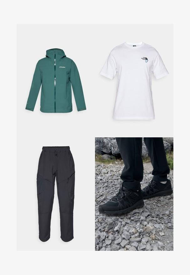 Wasserfeste türkisfarbene Jacke mit Kapuze, durchgehendem Reißverschluss und einem Logo auf der linken Brust. Verfügt über lange Ärmel und verstellbare Bündchen.; The North Face EXPLORE CARABINER RELAXED TEE UNISEX - T-Shirt print - white; Schwarze Cargo-Hosen aus leichtem, wasserabweisendem Material; verfügen über einen elastischen Bund, mehrere Reißverschlusstaschen und schmal zulaufende Beine.; Schwarze Outdoor-Schuhe aus Mesh und synthetischem Material, mit einer strukturierten Oberseite, gesichertem Schnürsystem und griffiger Laufsohle, auf felsigem Gelände.