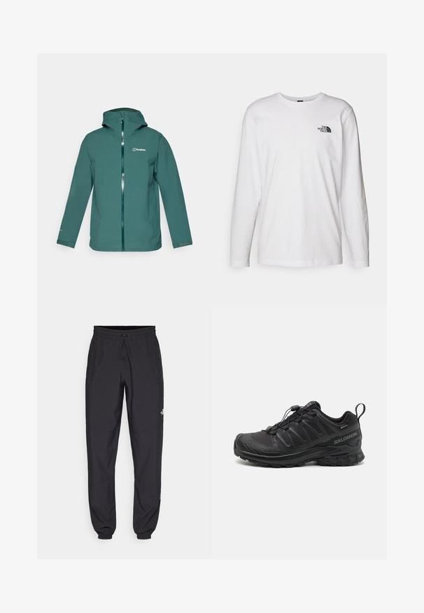 Turkusowa wodoodporna kurtka z kapturem, pełnym zamkiem z przodu oraz logo na lewej piersi. Posiada długie rękawy i regulowane mankiety.; Biała koszulka z długim rękawem wykonana z bawełny, z okrągłym dekoltem. Posiada małe czarne logo na piersi. Gładka faktura, regularny krój.; Czarne spodenki sportowe wykonane z lekkiego materiału, z elastycznym pasem na sznurek, bocznymi kieszeniami i zwężanymi mankietami przy kostkach.; Czarny but sportowy z teksturowanym syntetycznym wierzchem, amortyzowaną podeszwą i systemem szybkiego sznurowania. Posiada wzmocniony nos i piętę.