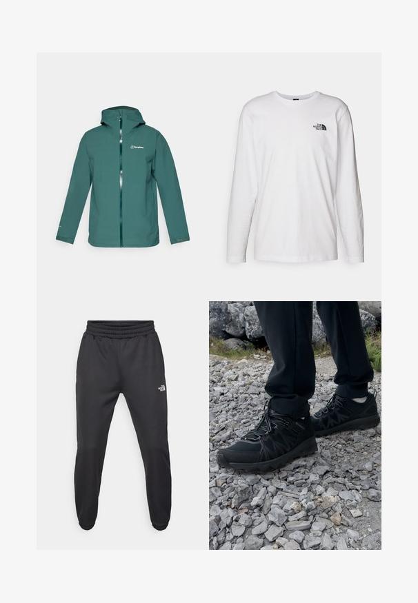 Tyrkysová nepromokavá bunda s kapucí, plným předním zipem a logem na levé hrudi. Má dlouhé rukávy a nastavitelné manžety.; Bílý dlouhý rukáv tričko vyrobené z bavlny s kulatým výstřihem. Na hrudi se nachází malé černé logo. Hladká textura, běžný střih.; Černé tepláky s nastavitelným pasem, zúženým střihem, elastickými manžetami a malým bílým logem na levém stehně, vyrobené z hladké tkaniny.; Černé venkovní boty z prodyšného a syntetického materiálu, s texturovaným svrškem, bezpečným šněrovacím systémem a robustní podrážkou, na skalnatém terénu.