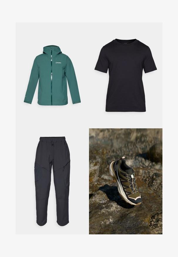 Akvamarinasta vodoodporna jakna s kapuco, polni sprednji zadrgo in logotipom na levem prsnem delu. Ima dolge rokave in nastavljive zapestnike.; Črna majica z kratkimi rokavi, izdelana iz gladkega materiala, z okroglo izrezanem ovratnikom. Diskretno logotip je natisnjen v črni barvi na prsih.; Črne cargo hlače iz lahkega, vodoodpornega materiala; imajo elastični pas, več žepov z zadrgo in ožja hlačnica.; Pohodni čevlji v olivno zeleni in črni barvi s poudarki v roza. Imajo teksturirano zgornji del, fleksibilno podplat, ojačan zaščitni del za prste in barvit sistem vezalk.