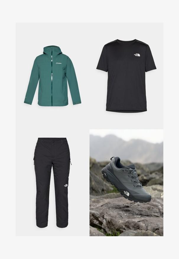 Giacca impermeabile color teal con cappuccio, zip frontale completa e logo sul lato sinistro del petto. Caratterizzata da maniche lunghe e polsini regolabili.; T-shirt nero a maniche corte realizzata in tessuto leggero. Presenta un piccolo logo bianco sul lato sinistro del petto e delicati dettagli sulle spalle.; The North Face WINTER EXPLORATION TAPERED CARGO - Pantaloni outdoor - black; Scarpa da trail running grigia con tomaia testurizzata, suola in gomma resistente e punta rinforzata. Presenta lacci e logo del marchio sul lato.