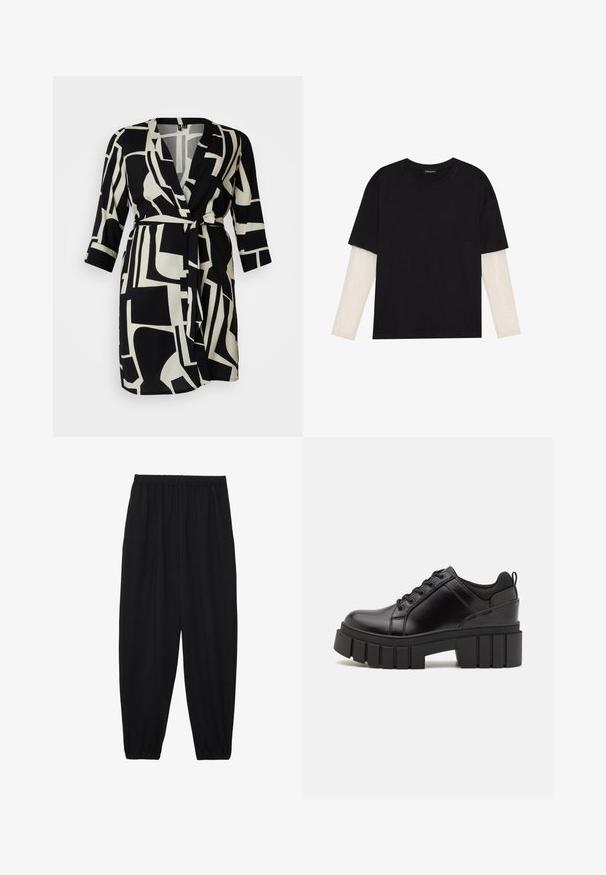 Juoda ir balta apvalkalo suknelė su drąsiomis geometrinėmis detalėmis, V formos iškirpte, trijų ketvirčių rankovėmis ir diržu juosmens srityje.; Juodas medvilninis marškinėliai su trumpomis rankovėmis, virš baltos ilgo rankovio sluoksnio, turinčio subtilų tekstūrinį raštą. Apvalus iškirpimas.; Juodi, lengvi kelnių su elastinga juosmens juosta ir surinktais kulkšniais. Audinys yra lygus ir turi atsipalaidavusį, siaurėjantį dizainą.; Juodi odiniai platformos batai su masyviu blokuota kulniuku, apvalia nosimi ir tradiciniu šnypštimo dizainu. Turintys glotnų paviršių ir minimalų dekoravimą.