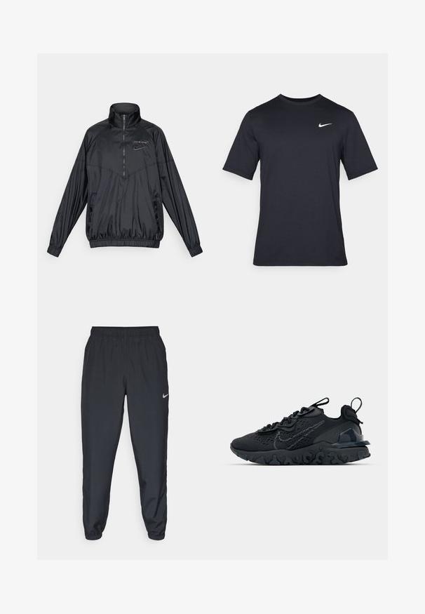 Mustmust erkkri, kõrge kaelusega, elastsete mansettide ja äärtega, Spursi logo ning Nike'i sirmiga rinnal, esi taskud.; Must tume musta Nike t-särk, mis on valmistatud siledast kangast, valge swoosh logo vasakul ülanurgas, ümar kaelus.; Kerged mustad spordipüksid, mis on valmistatud kerge kangaga, elastse vöökoha, pahkluude mansettide ja diskreetse Nike logo abil vasakul külgedel.; Must mustreesne tossudega, millel on hingav võrkmaterjalist pealis, tekstureeritud detailid ja laineline kummist tallaosa. Omab peegelduvat logo ja sidumise süsteemi.