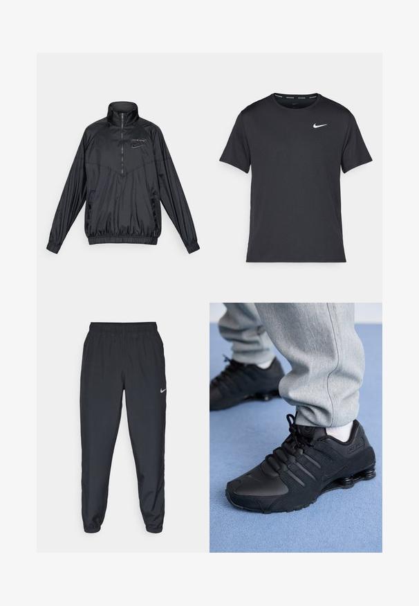 Juodas ketvirčio užtrauktuko vėjui atsparus džemperis su aukštu apykakle, elastinėmis rankovėmis ir apačia, Spurs logotipas ir Nike swoosh ant krūtinės, priekiniai šoninės kišenės.; Juodas Nike bėgimo marškinėlis, pagamintas iš lengvos, kvėpuojančios medžiagos, turintis trumpas rankoves ir mažą baltą logotipą ant krūtinės.; Juodos sportinės kelnės iš lengvos medžiagos su elastinga juosta, kulkšnies rankovėmis ir diskretišku Nike logotipu kairėje pusėje.; Asmuo vilkintis juodas Nike Shox sportbačius ir pilkas treningo kelnes stovi ant šviesiai mėlynos kiliminės dangos.