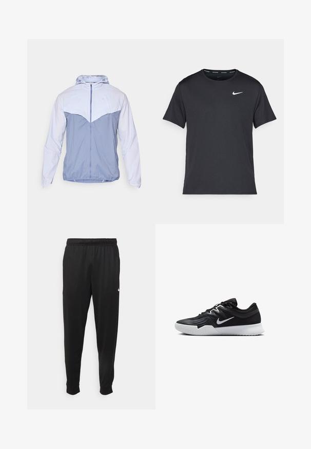 Lettvekts hettejakke med halv glidelås-design. Har en tofarget lyseblå fargekombinasjon, glatt tekstur og elastiske mansjetter.; Svart Nike løpe-T-skjorte laget av lett, pustende stoff, med korte ermer og en liten hvit logo på brystet.; Svarte treningsbukser laget av glatt stoff, med elastisk midje, smale ben og en liten hvit logo på venstre side.; Svart treningssko med teksturert overdel, hvit Nike-swoosh og hvit gummisåle. Har snøring og en dynamisk form.