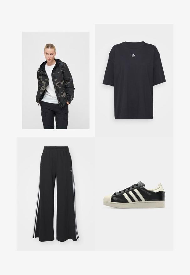 Camouflage jacket in black and gray, with a zippered front, adjustable hood, and elastic cuffs. Worn over a white top and dark pants.; Black cotton t-shirt with short sleeves, round neckline, features a white Adidas logo on the chest. Simple design, relaxed fit.; Black wide-leg sweatpants with an elastic waistband, featuring white side stripes and an embroidered logo on the left thigh.; Black leather sneaker with white stripes, rubber toe cap, black laces, and a cream-colored outsole. Smooth texture with shiny finish.