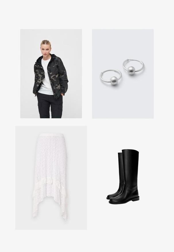 Kurtka w kamuflażu w czarnym i szarym kolorze, z zamkiem z przodu, regulowanym kapturem i elastycznymi mankietami. Nosi ją na białej bluzce i ciemnych spodniach.; Czarna i biała pionowa w paski bluzka z długim rękawem, wykonana z miękkiego materiału, z szerokim dekoltem i bocznymi rozcięciami dla swobody ruchów.; Biała koronkowa spódnica z teksturowanym kwiatowym wzorem, o asymetrycznym dole i falbankach na końcu, z elastycznym paskiem w talii.; Czarne skórzane kozaki do kolan o gładkiej fakturze, zaokrąglonym nosie, płaskiej podeszwie i minimalistycznym designie, z przeszytymi szwem i bez widocznych elementów metalowych.; Srebrne kolczyki w kształcie kółek z gładkim, kulistym akcentem. Wykończenie jest stonowane i wypolerowane, co tworzy elegancki, minimalistyczny design.