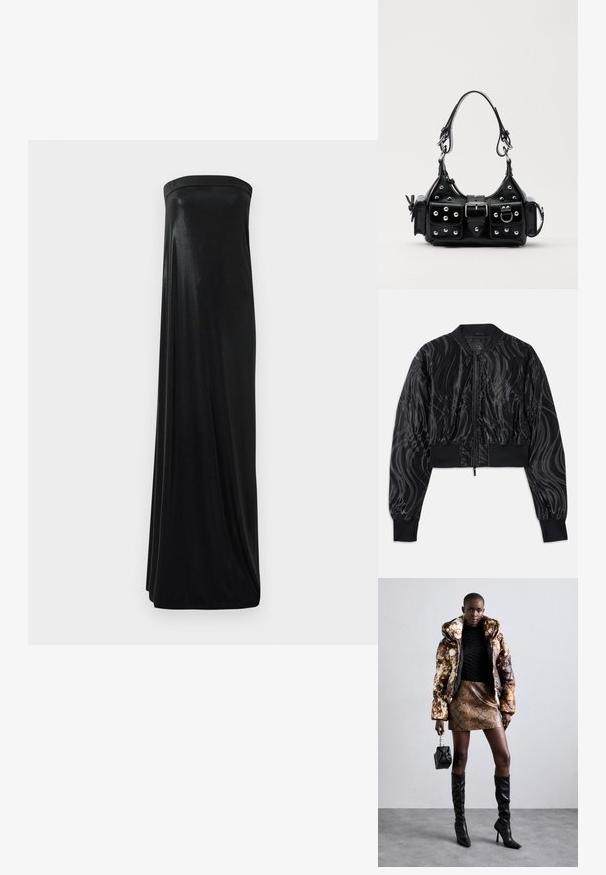 Jachetă bomber neagră, tăiată, cu un model strălucitor și ondulat, cu manșete și talie cu nervuri, având o închidere prin fermoar în față.; Rochie maxi neagră, fără bretele, realizată dintr-un material neted și lucios. Prezintă un corset ajustat și o siluetă fluidă, atingând podeaua fără împodobiri.; Jachetă puffer cu un model maro și negru, asortată cu o fustă mini din piele de șarpe maro, cizme negre până la genunchi și o geantă mică neagră.; Geantă de piele neagră cu un design curbat, dotată cu studuri argintii, o cataramă și două buzunare laterale. Curea ajustabilă pentru opțiuni de transport.
